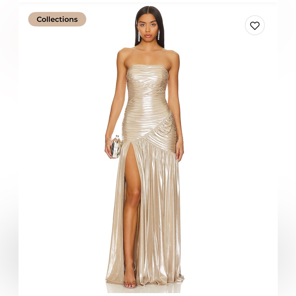 Retrofete Metallic Gold Strapless Ruched Gown with Thigh Slit